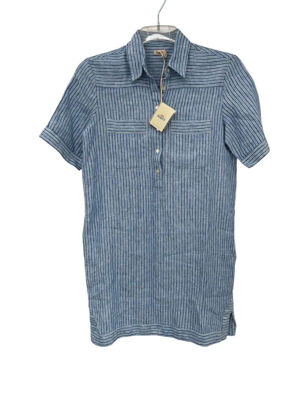 NWT Faherty Rae Dress Skyway Railroad Stripe Linen Blue White Size Small